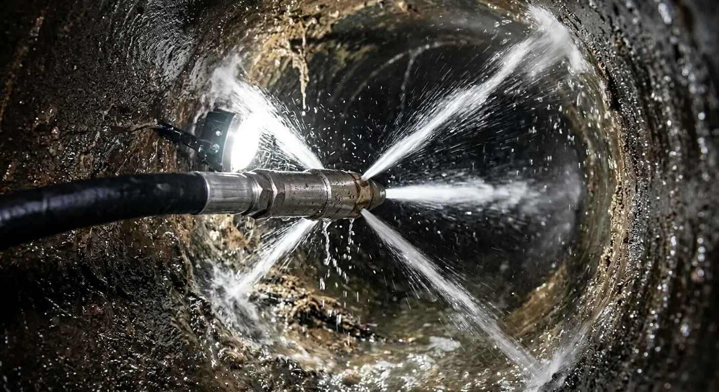 High-pressure hydro jetting nozzle cleaning sewer pipe for Trenchless Sewer Repair in Burlington