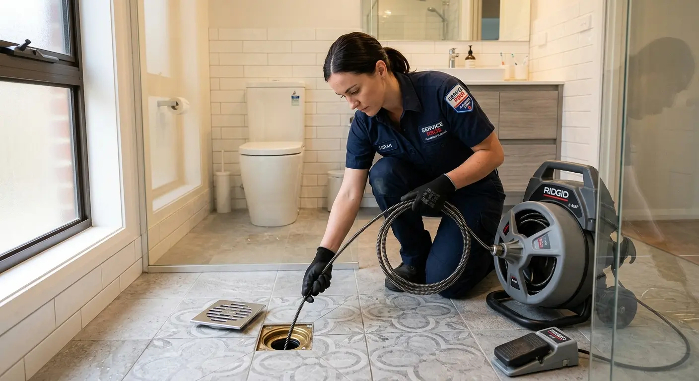 Technician clearing a bathroom floor drain for Hydro Jetting in Burlington